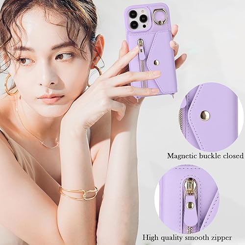 Miniatura 6 de Funda para iPhone 14 Pro Max con tarjetero con cremallera y correa para mujer, iPhone 14 Pro Max, funda compatible con piel sintética, con botones,