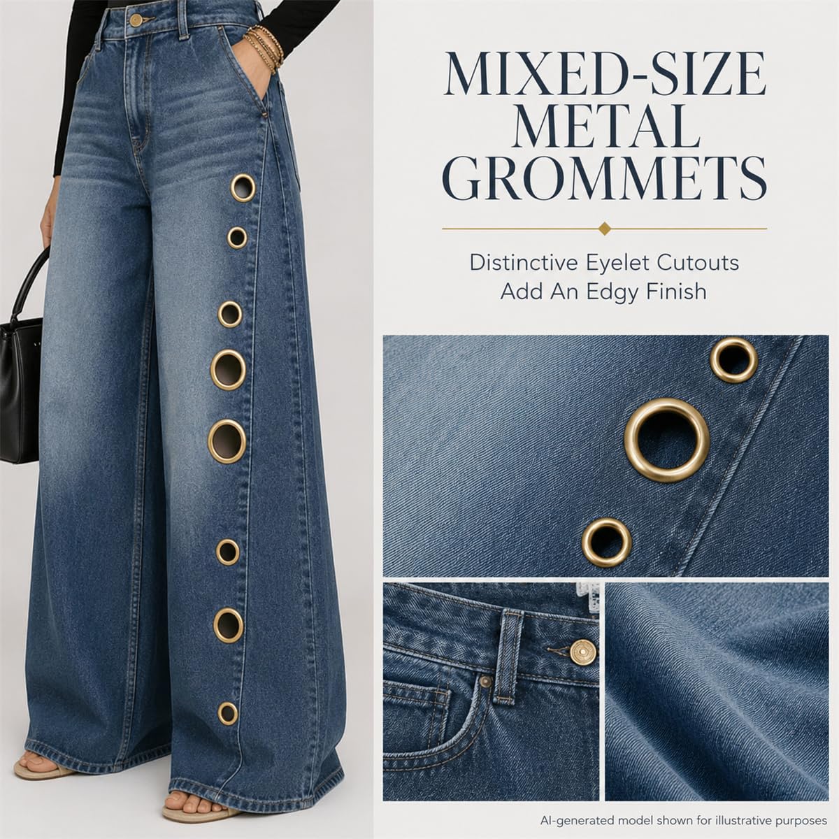 Jeans Donna con Occhielli Metallici, Vita Alta E Gamba Larga