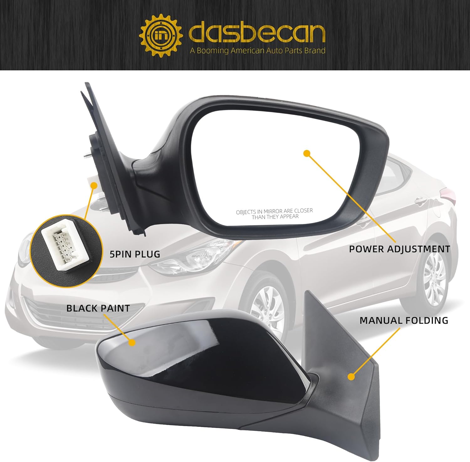 Dasbecan Passenger Side Mirror Compatible With 2011 2012 2013 Hyundai Elantra Right Rear view Mirror Black With Manual Folding,Heated,Power Glass Replace# HY1321179 87620-3Y100 (5Pin)