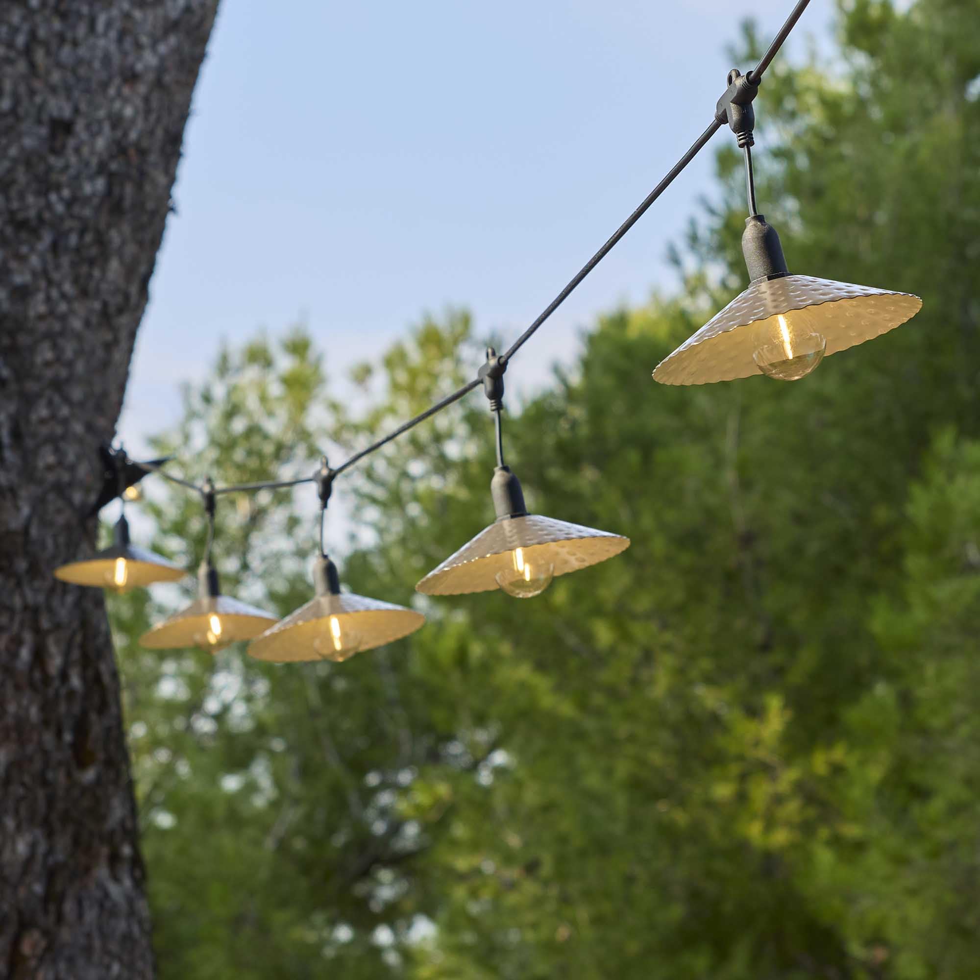 Ghirlanda di luci per esterni 10 paralumi in acciaio stile vintage MINI VINTY LIGHT HYBRID LED bianco caldo 6m solare e su settore
