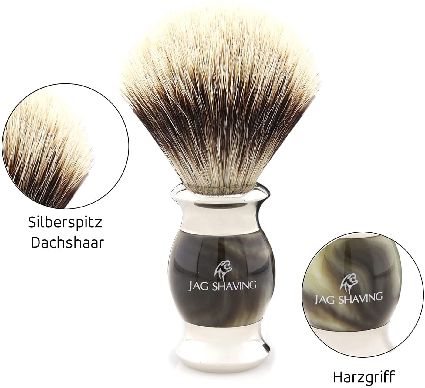 Jag Shaving Jag's Lee Range - Juego de afeitado de 3 piezas (brocha de afeitar de pelo de tejón puntiagudo, cuchillas de afeitar de doble filo, soporte para afeitar, imitación de hornión verde)