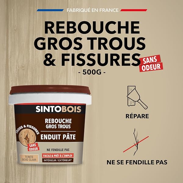 SINTO - Rebouche gros trous et fissures - Rebouche bois - Excellente adhérence - Sans Odeur - Facile et Prêt-à-l'emploi - Intérieur & Extérieur - Ne fendille pas - Teinte bois clair - 500g - 2