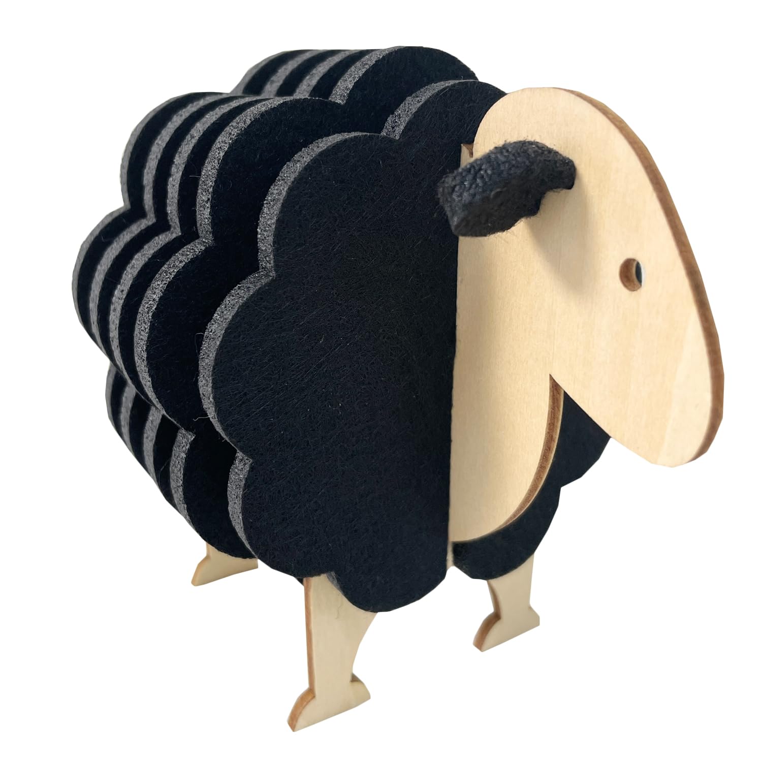 Sheep Felt Coasters-6 Felt Wool Sheep Coaster Set for Coffee Table Drinks Absorbent with Holder,Lamb Cup Coasters Wool Gifts Decoration (Black)