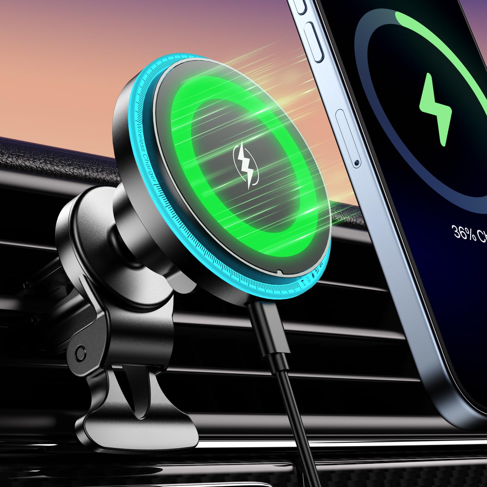 for 15W Mag-Safe Car Mount Charger,【2024 New Upgrade】 Car Mount Charger,【LED Flexible Lighting】 Car Phone Holder Mount, Wireless Car Charger Made for iPhone 15/14/13/12 Pro MagSafe Case, Black