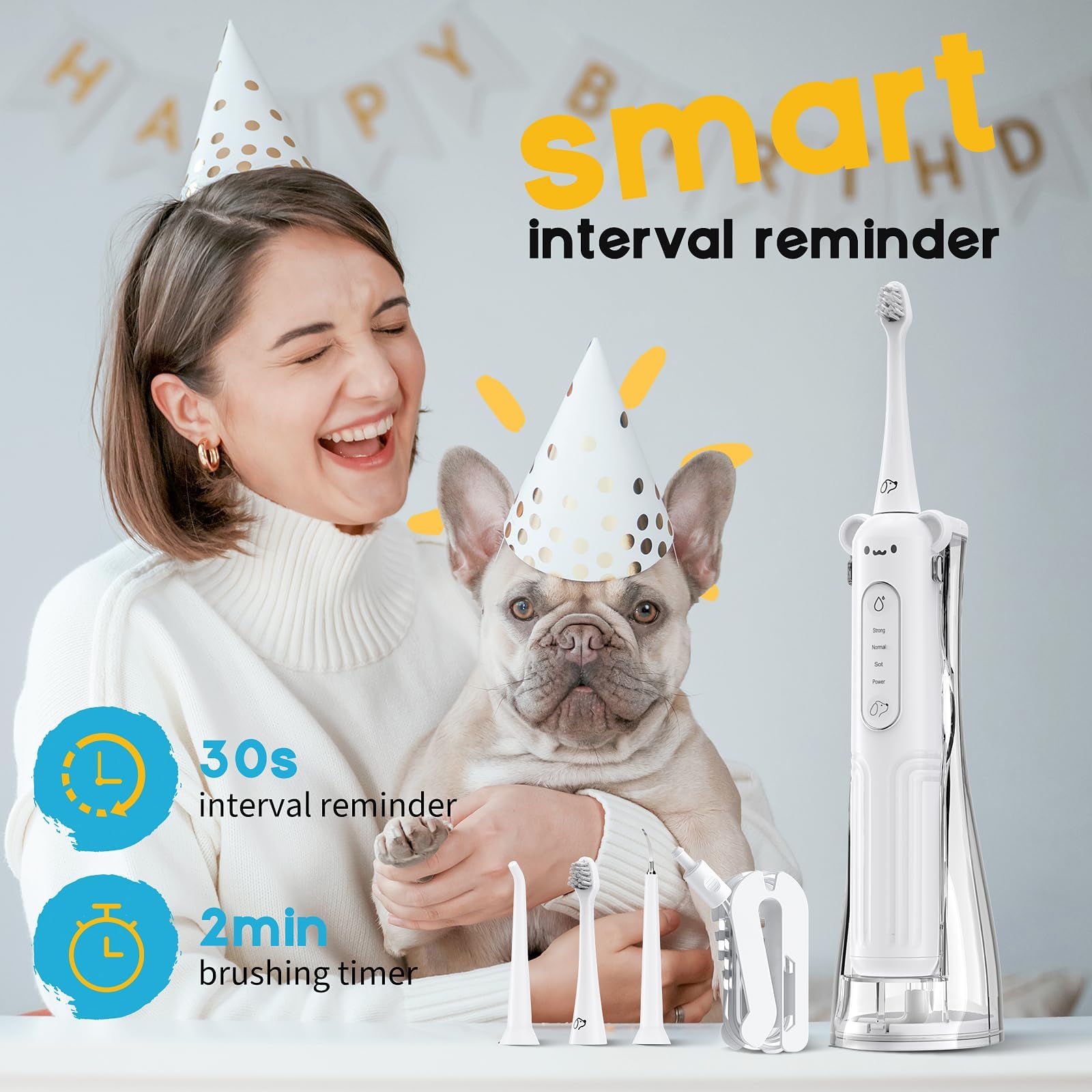 Dog Tooth Brushing Kit, 3-in-1 Dog Electric Toothbrush with Water Flosser, Dog Teeth Cleaning Tools with 3 Modes, Deep Cleaning Kit for Dogs and Cats, IPX7, 1100mAh Battery, White - image 7