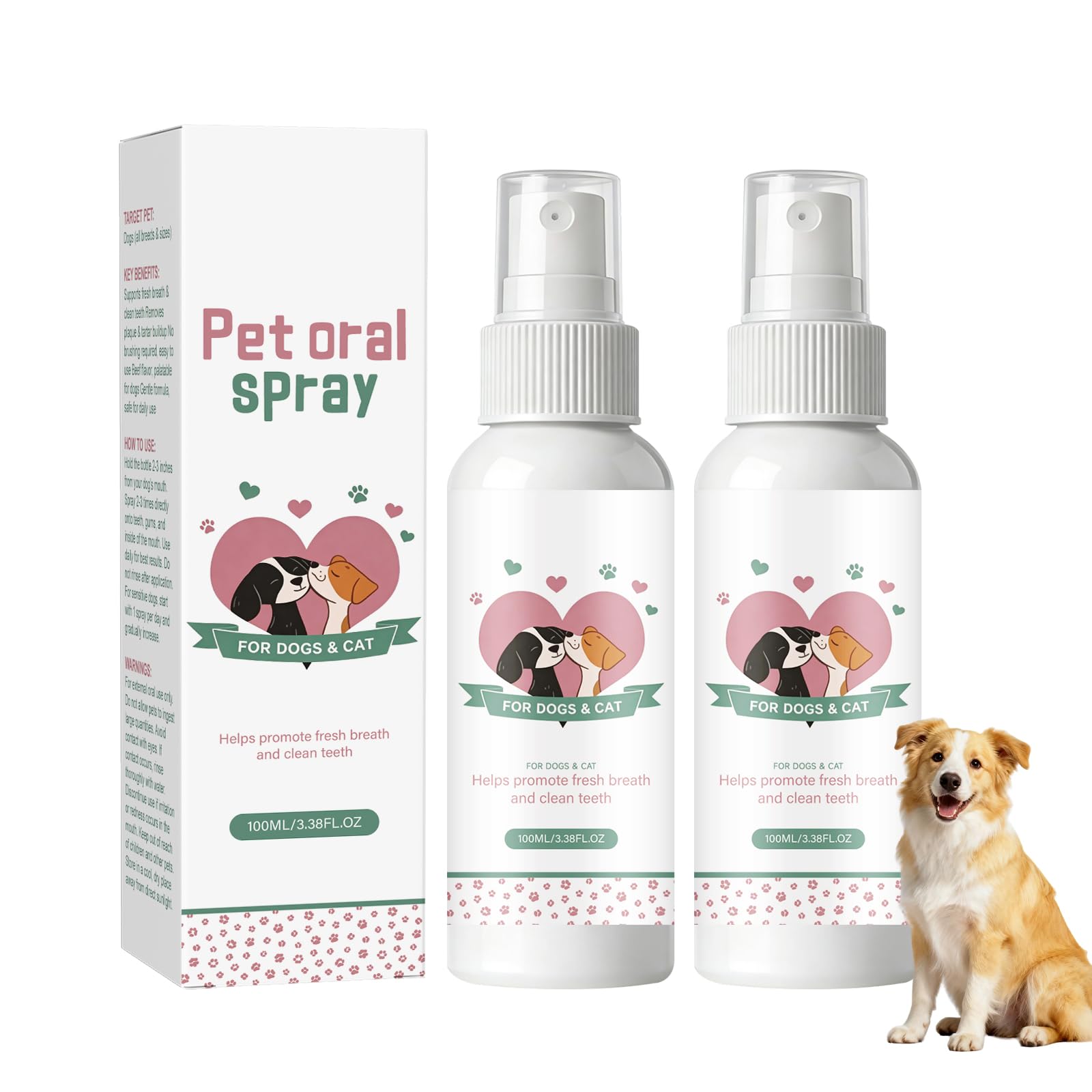 GROEI 2pcs Dog Dental Care Spray for Dogs & Cats, 100ML Pet Oral Fresh Breath Teeth Cleaning Spray