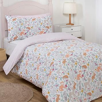 Sleepdown Enchanted Woodland Animals MultiColour Floral Kids Children's Reversible Duvet Cover Quilt Bedding Set and Pillowcases - Two Designs Twin Pack - Double 200cm x 200cm