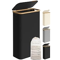 SONGMICS Cesto Portabiancheria con Coperchio, Cesta per Bucato, 65L, Salvaspazio, Sacco Rimovibile, Tessuto Oxford, Manici di Bambù, Pieghevole, 42 x 22,5 x 70,5 cm, Nero Inchiostro LCB506B01