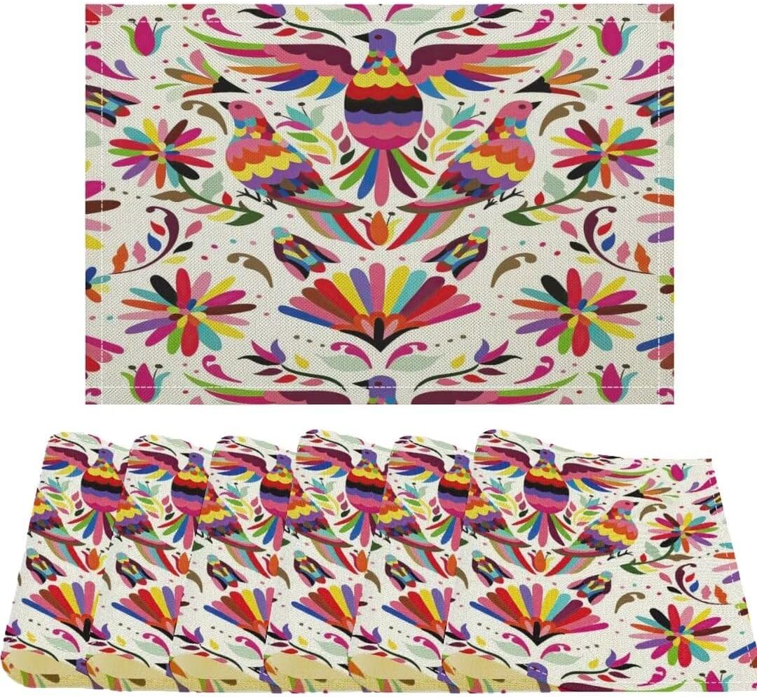 Mexican Placemats for Dining Table, Birds Colorful Flowers Mexican Embroidery Linen Table Place Mat Sets for Indoor Outdoor Party, Set of 6, Heat Resistant Washable Non-Slip (18" L x 12" W)