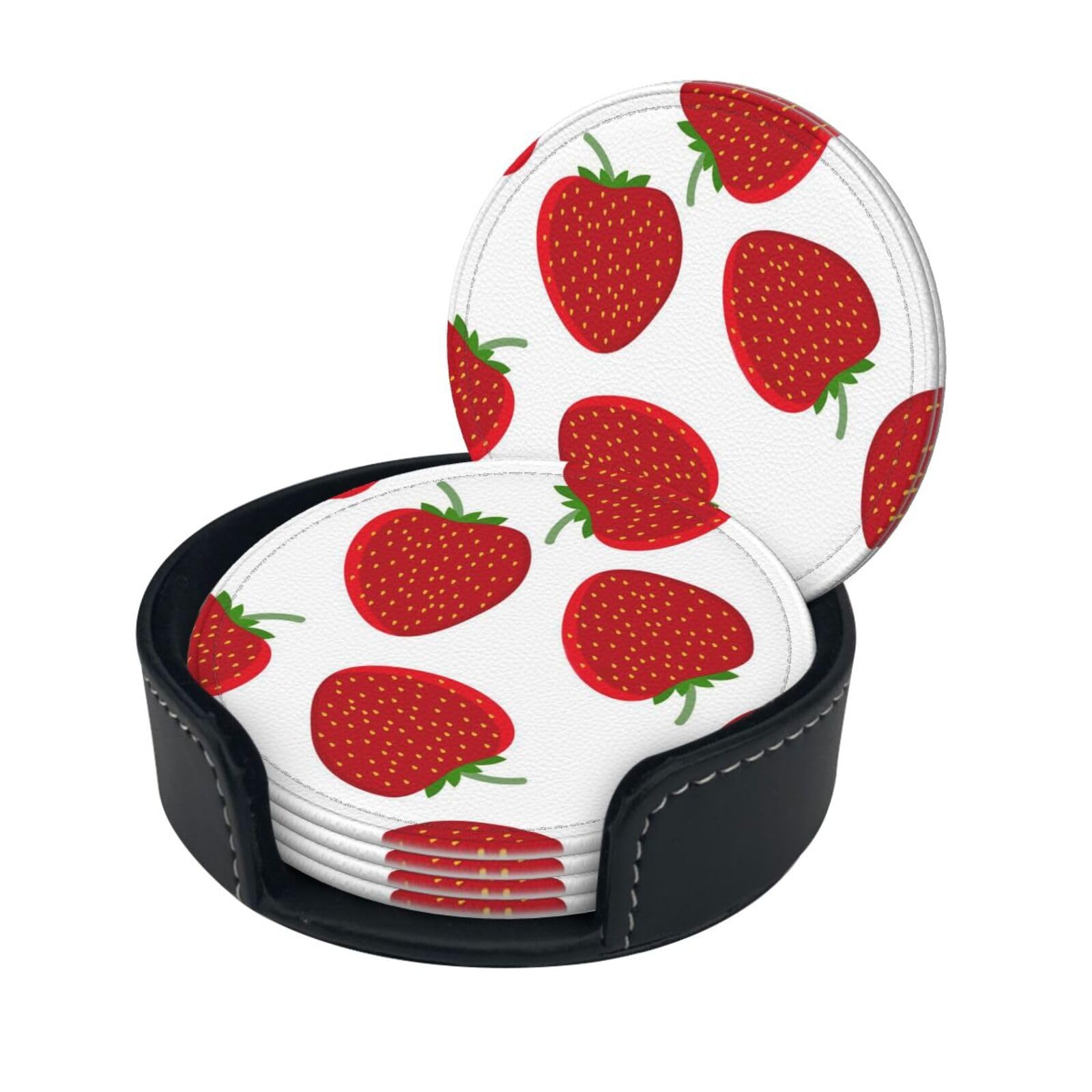 Lklddpzb White Strawberry Print Round Leather Coasters - Set Of 6, Ultra-Fiber Pu Leather