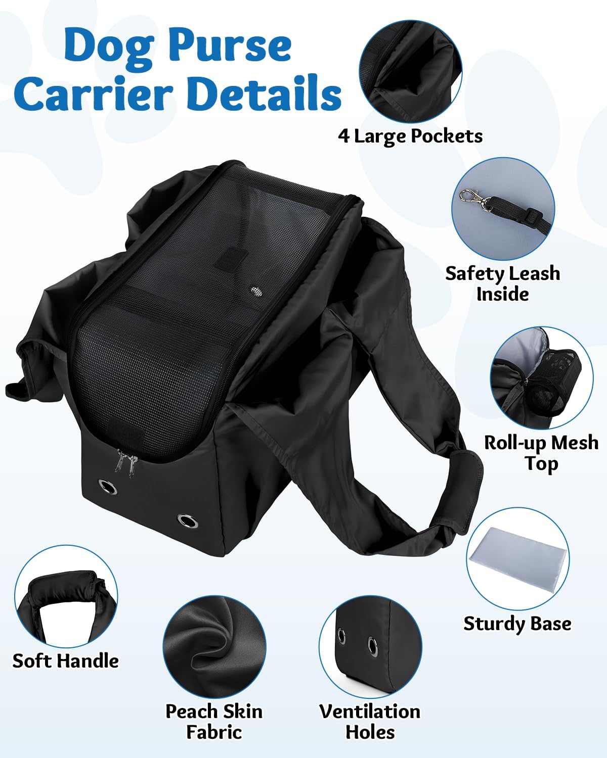 Dog Purse Carrier for Small Dogs and Cats up to 15 lbs, Portable Soft Sided Travel Pet Tote Bag with 4 Large Pockets,Foldable Puppy Bag Carrier for Outings and Travel (Black)