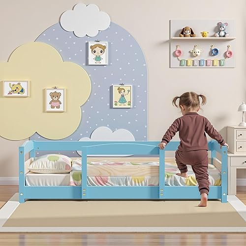 Miniatura 18 de Cama estándar para cuna, base de cama baja Montessori de madera con 2 entradas y barandillas seguras para niños y niñas, azul niebla Azul (Mist