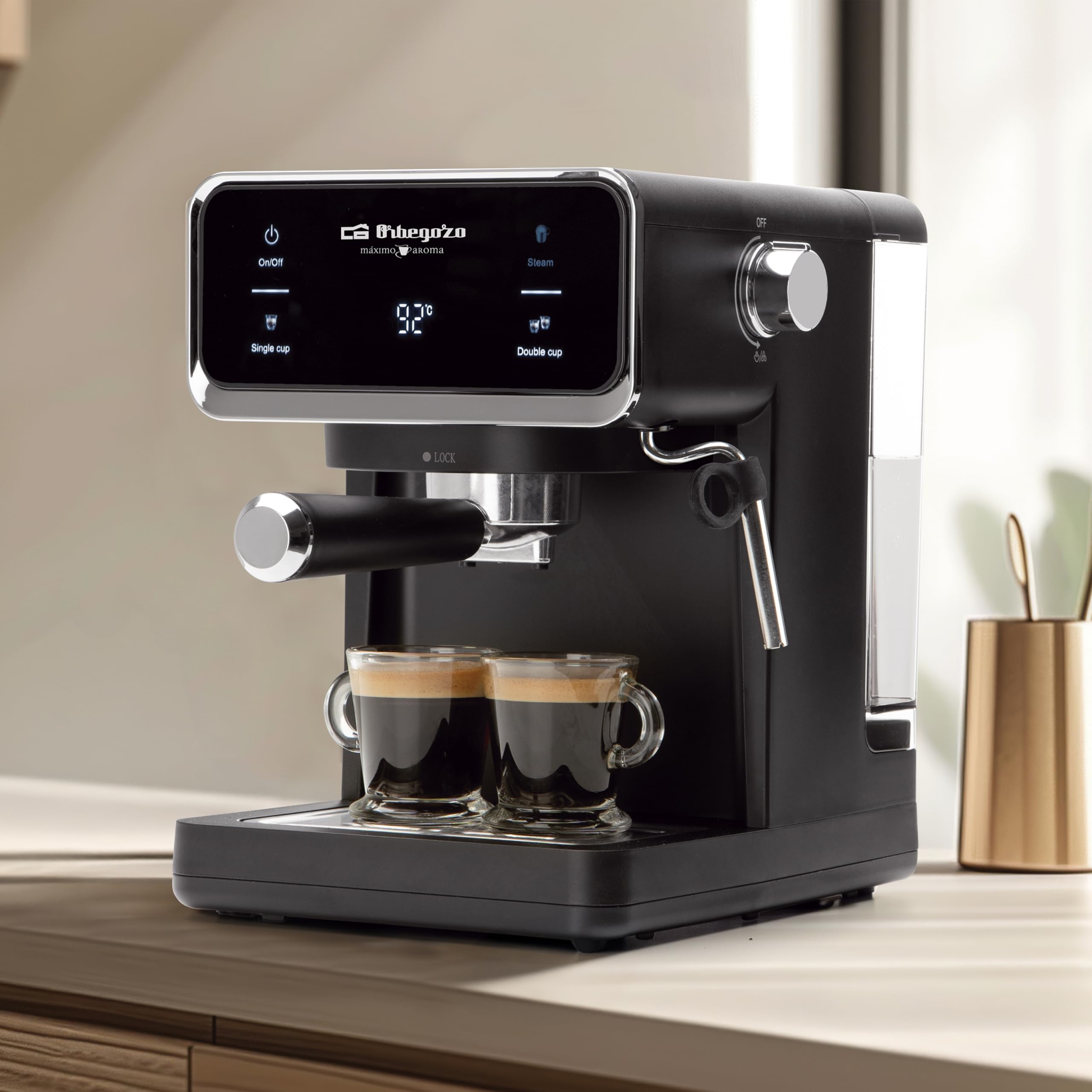 Orbegozo Cafetera Expresso EX 5300, 20 Bares, Thermoblock, Panel Táctil, 950W, Depósito 1L, Vaporizador Orientable, para Café Molido y Monodosis ESE, Bandeja Calientatazas, Doble Salida, Inox