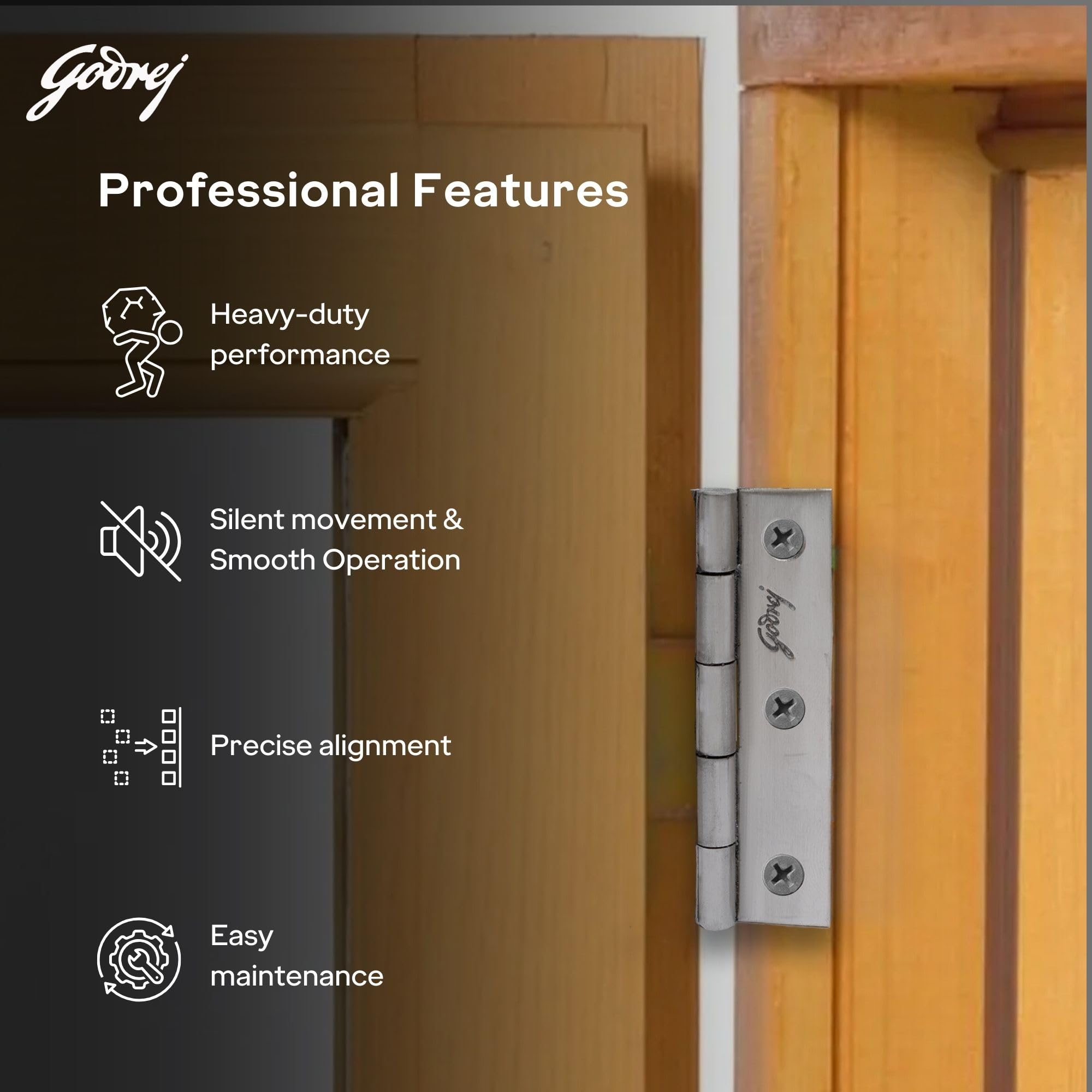 Godrej Door Fitting I 3 Inch x 14 Gauge Door Hinges (9 Pcs) | Main Door, Windows, Bathroom of Home, Office, Hotel I Kabja for Door, 1.6mm Thickness | Premium Look, Satin Finish — Amazon image 3