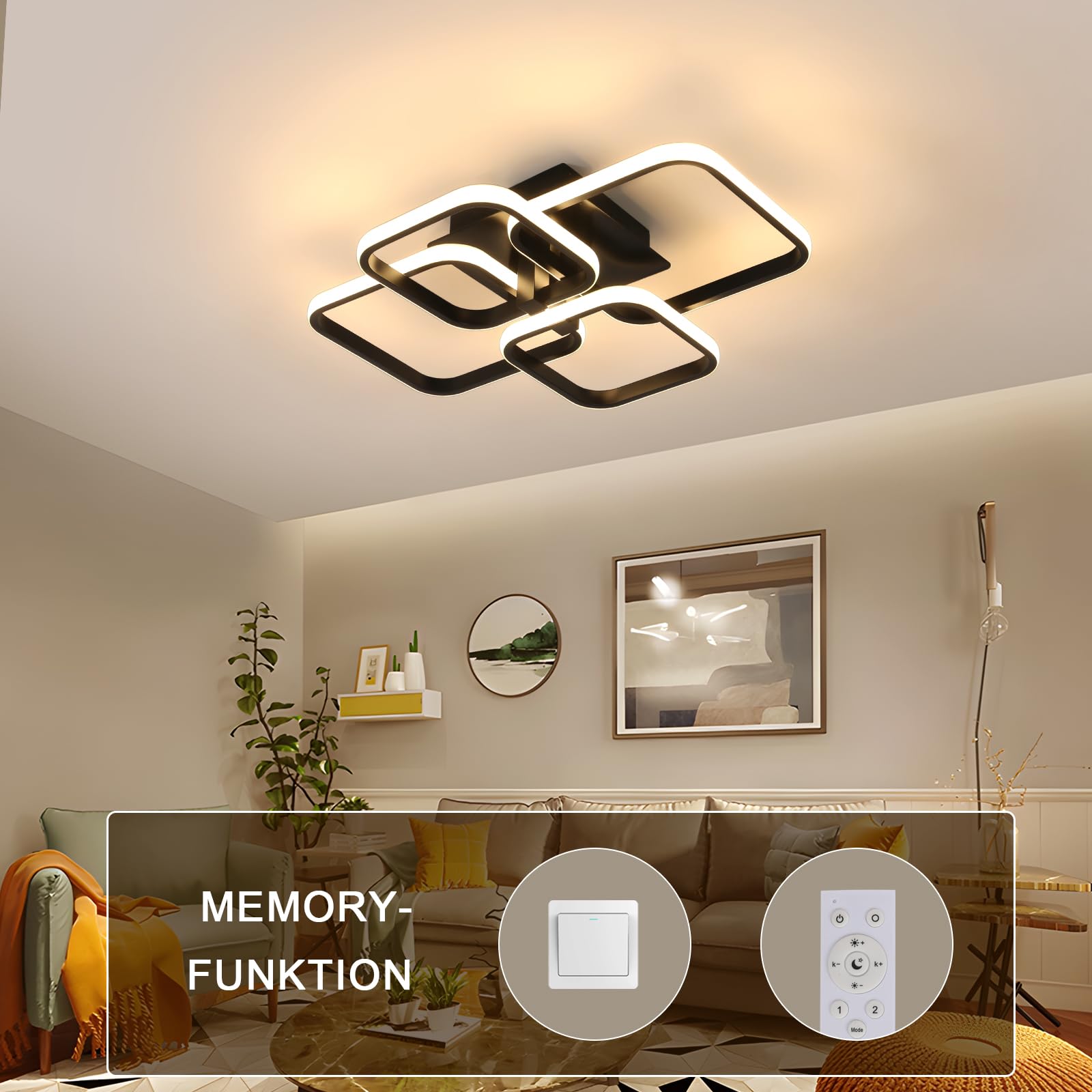 Comely Plafonnier LED Dimmable avec Télécommande, 48W Luminaire Plafonnier | 5400LM Éclairage de Plafond pour Chambre à Coucher Salle, 3000K-6500K