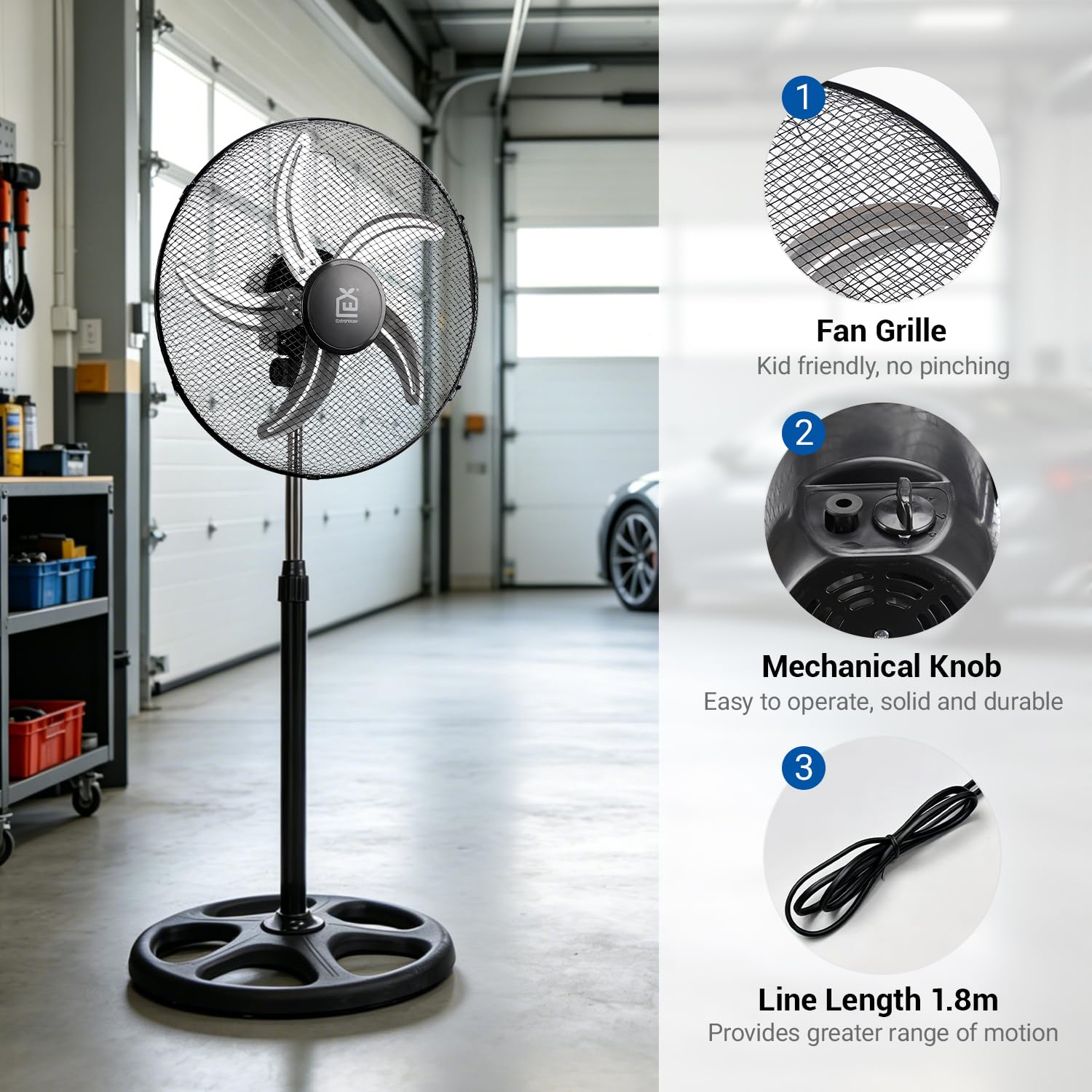 Ventilatore a terra con altezza regolabile da 101 a 130 cm, 3 velocità (bassa, media, forte), oscillazione a 90°, griglia di sicurezza antincagli, lotto da 2.