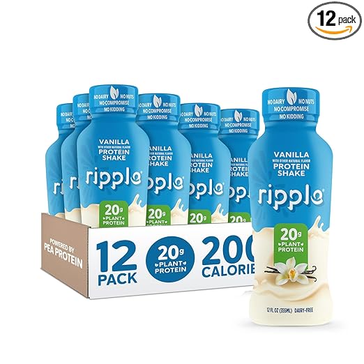 Ripple Vanilla Plant Based Protein Shake | 20g of Quality Sourced Pea Protein, Calcium & Iron Rich | Shelf Stable | Vegan & Non GMO | Dairy, Soy, Nut, & Gluten Free | 12 Fl Oz Bottles (Pack of 12)