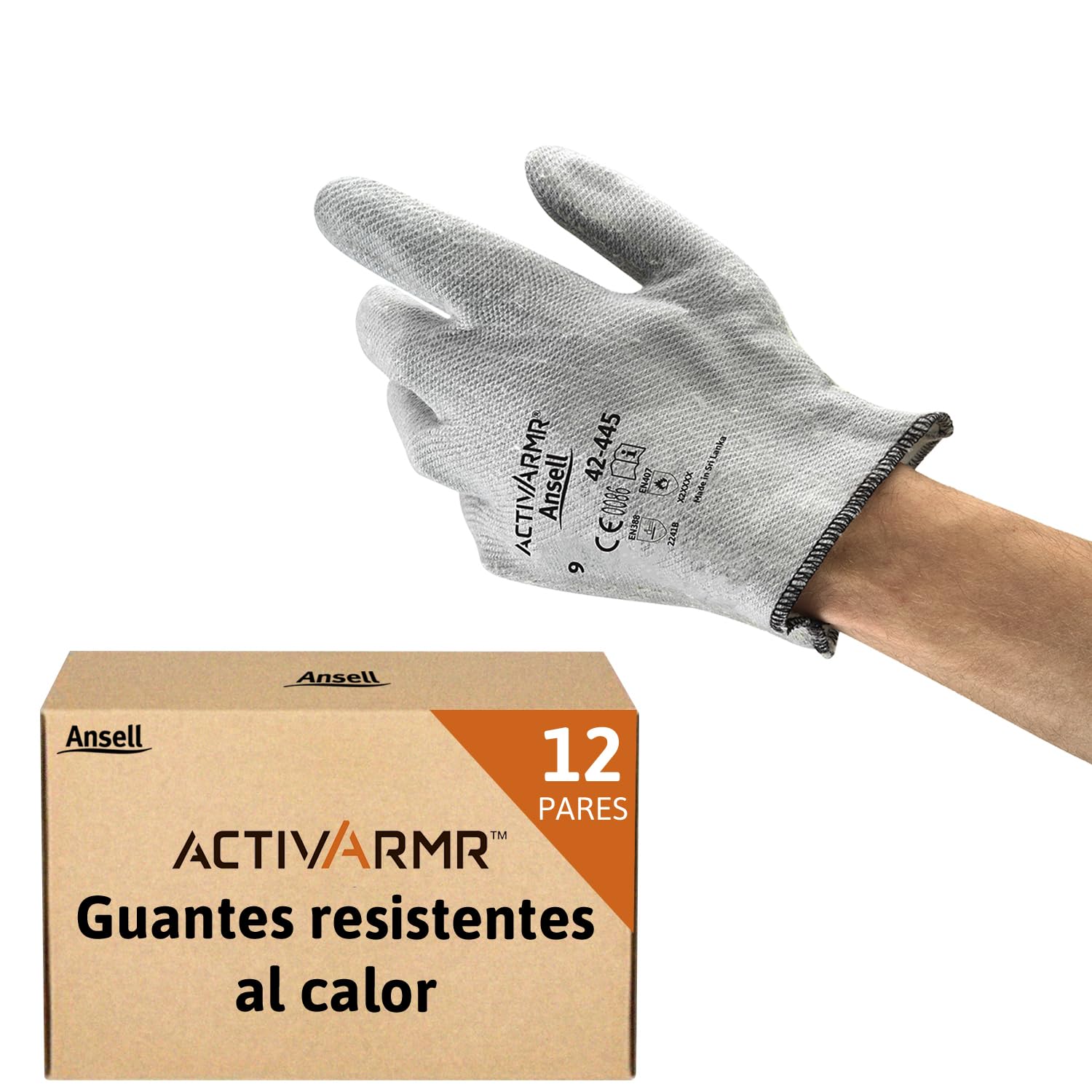 Ansell ActivArmr 42-445 Guantes Resistentes al Calor, Protección Alta Temperatura, Guante Seguridad Usos Industriales, Mecánicos y Químicos, Diseño Robusto, Guantes Nitrilo, Gris, Talla XL (12 Pares)