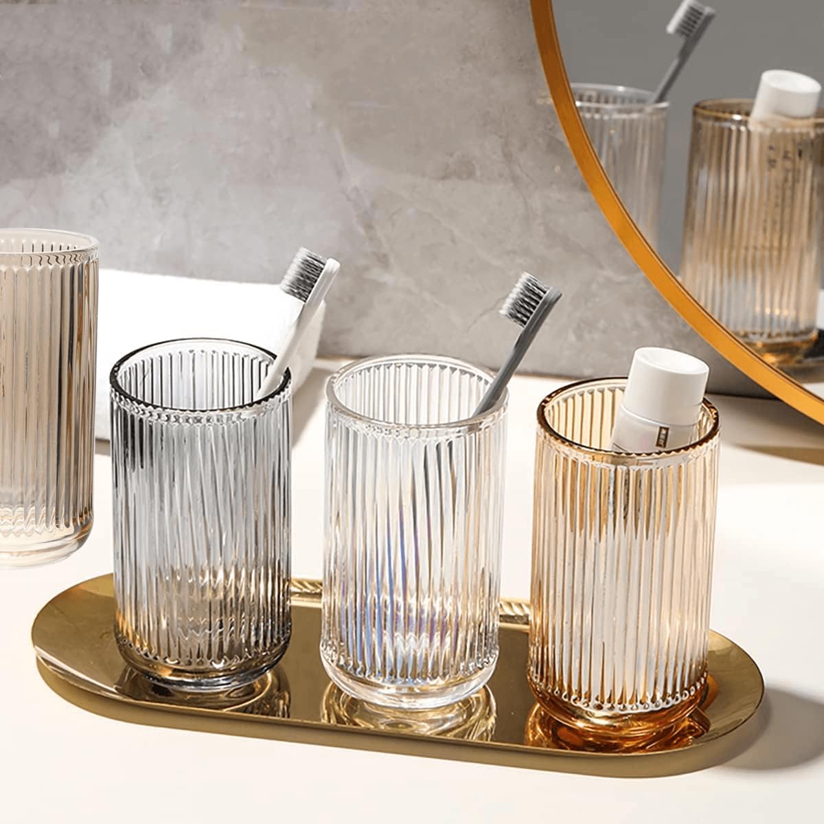 Glass Toothbrush Holder Cup | Crystal Clear Tumbler Makeup Brush Holder for Bedside Table, Bathroom, Vanity, 2Pack Colorful Tall (2pcs Clear)