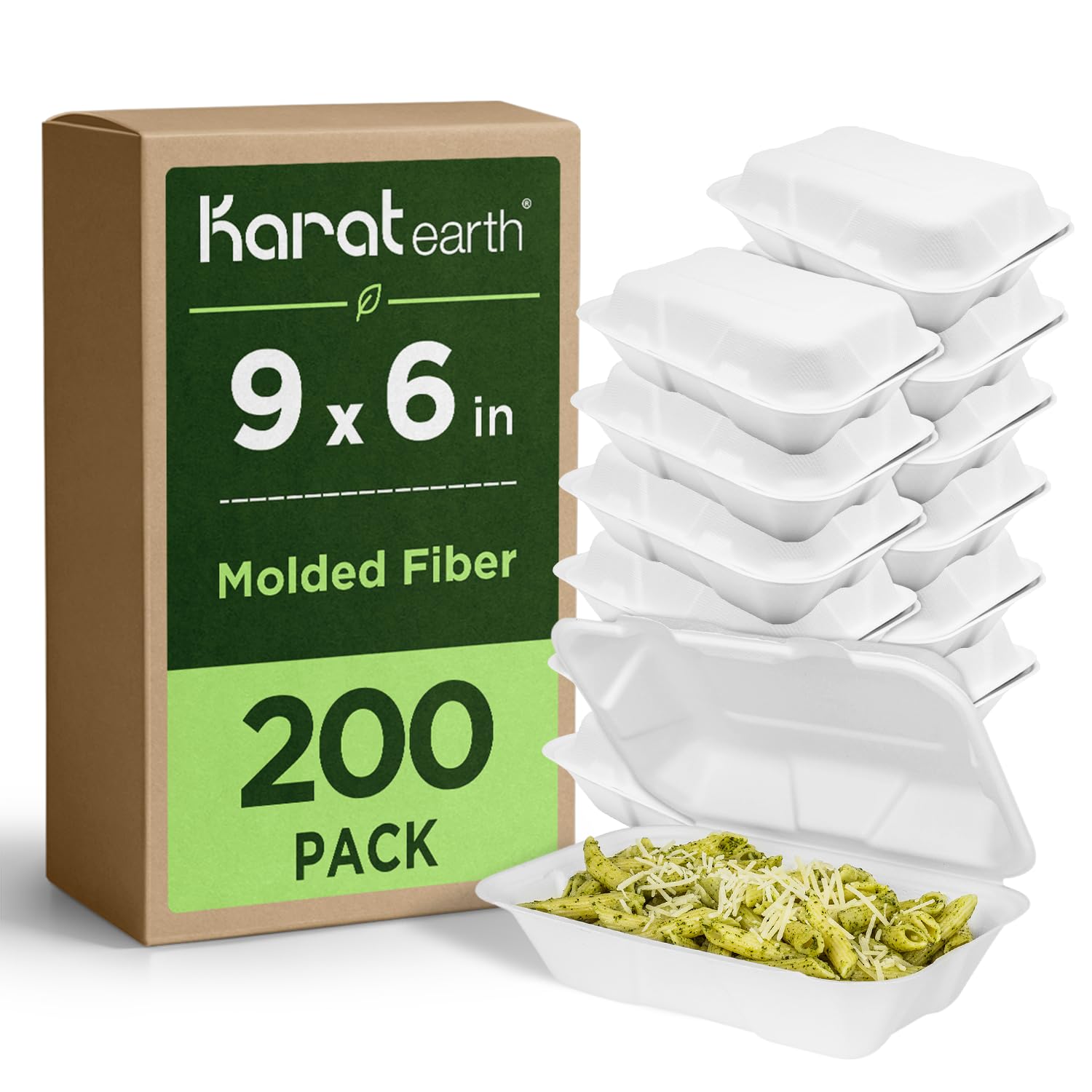 KARAT EARTH Contenedores de bagazo compostables sin PFAS de 9 x 6 pulgadas, KE-BHC96-1CFF, 200 unidades