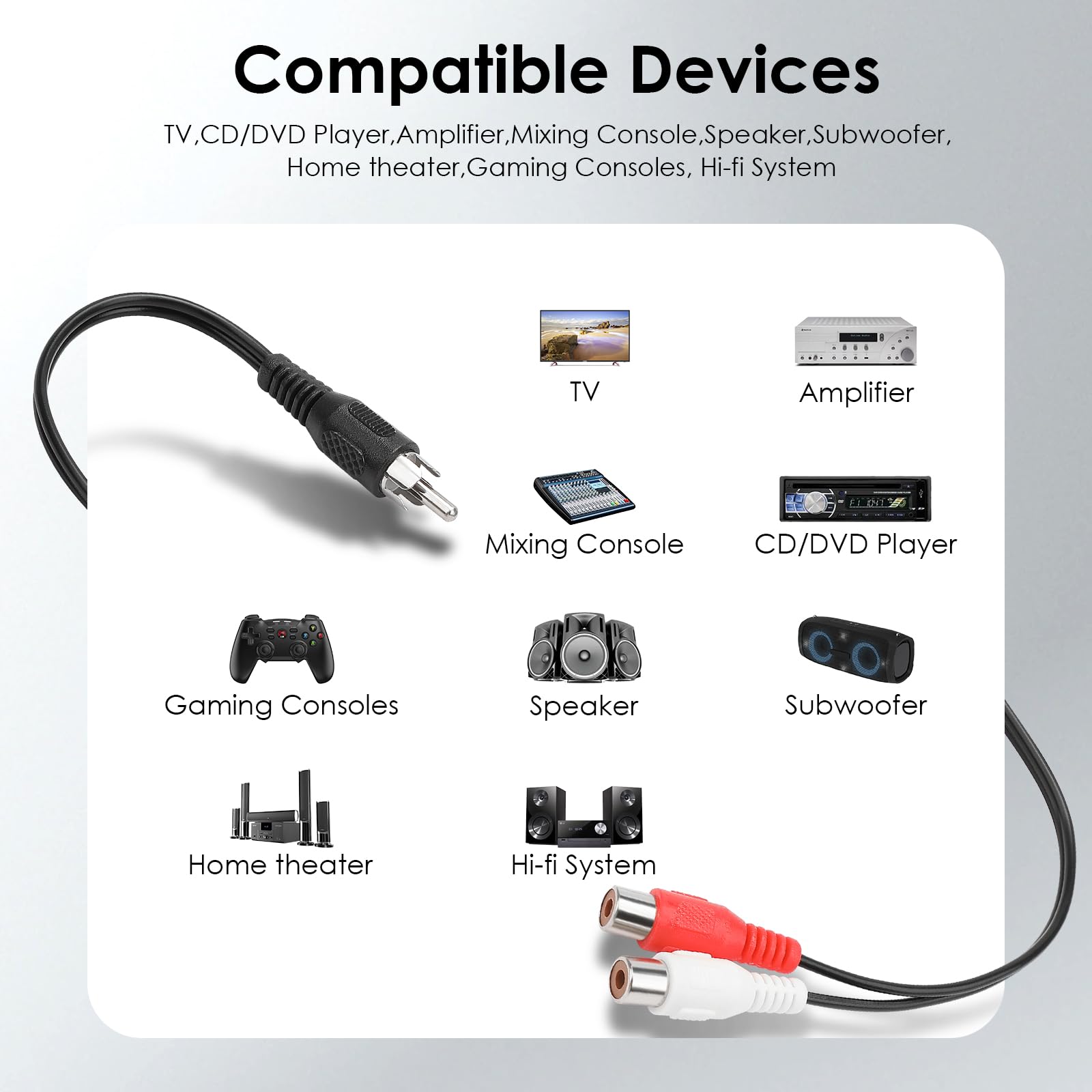 Divisor RCA de 1 macho a 2 hembras para subwoofer, adaptador RCA Y, cable de audio estéreo, cable de extensión de altavoz, paquete de 2 para amplificador, coche, TV, consolas de juegos, 10