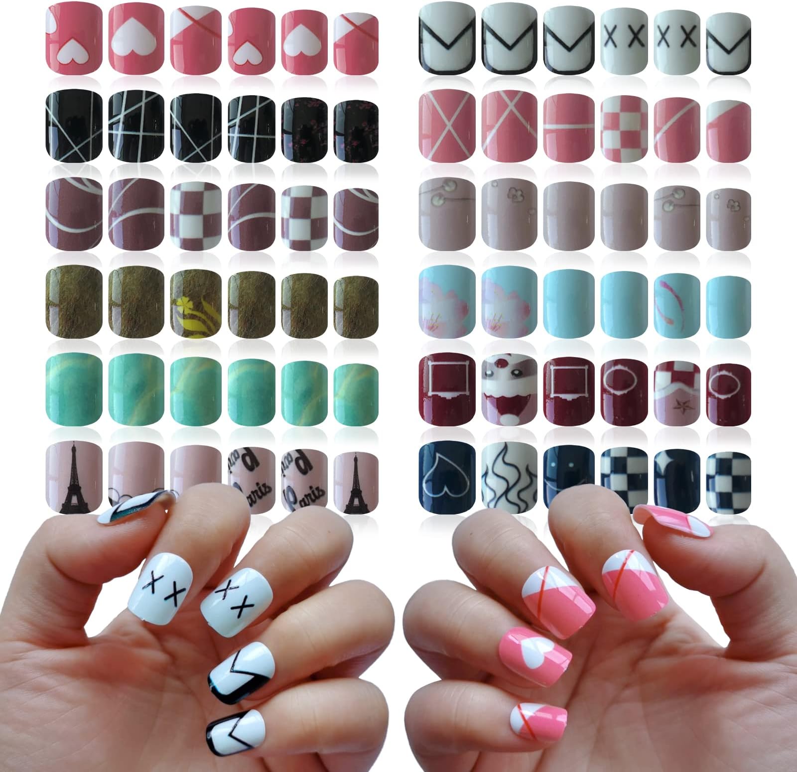 LoveOurHome288pc Kids Press on Nails Short Square Fake Nails Cute Heart Plain Marble Design False Nails French Artificial Fingernails Acrylic Square Nail Tips for Women Children Girls