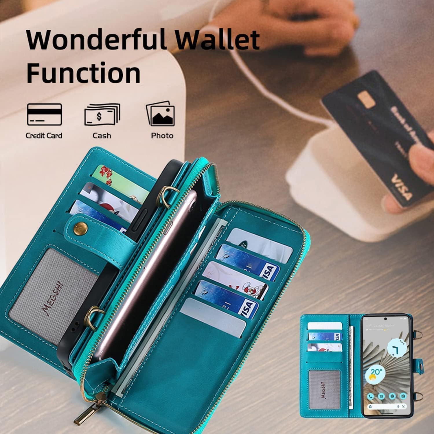 Detachable 2 in 1 Wallet Case for Google Pixel 9 Pro XL with Detachable Wrist Strap,Crossbody Shoulder Strap,9+ Card Slots Zipper Purse,Stand Phone Cover for Pixel9 9Pro 9ProXL Nine Blue