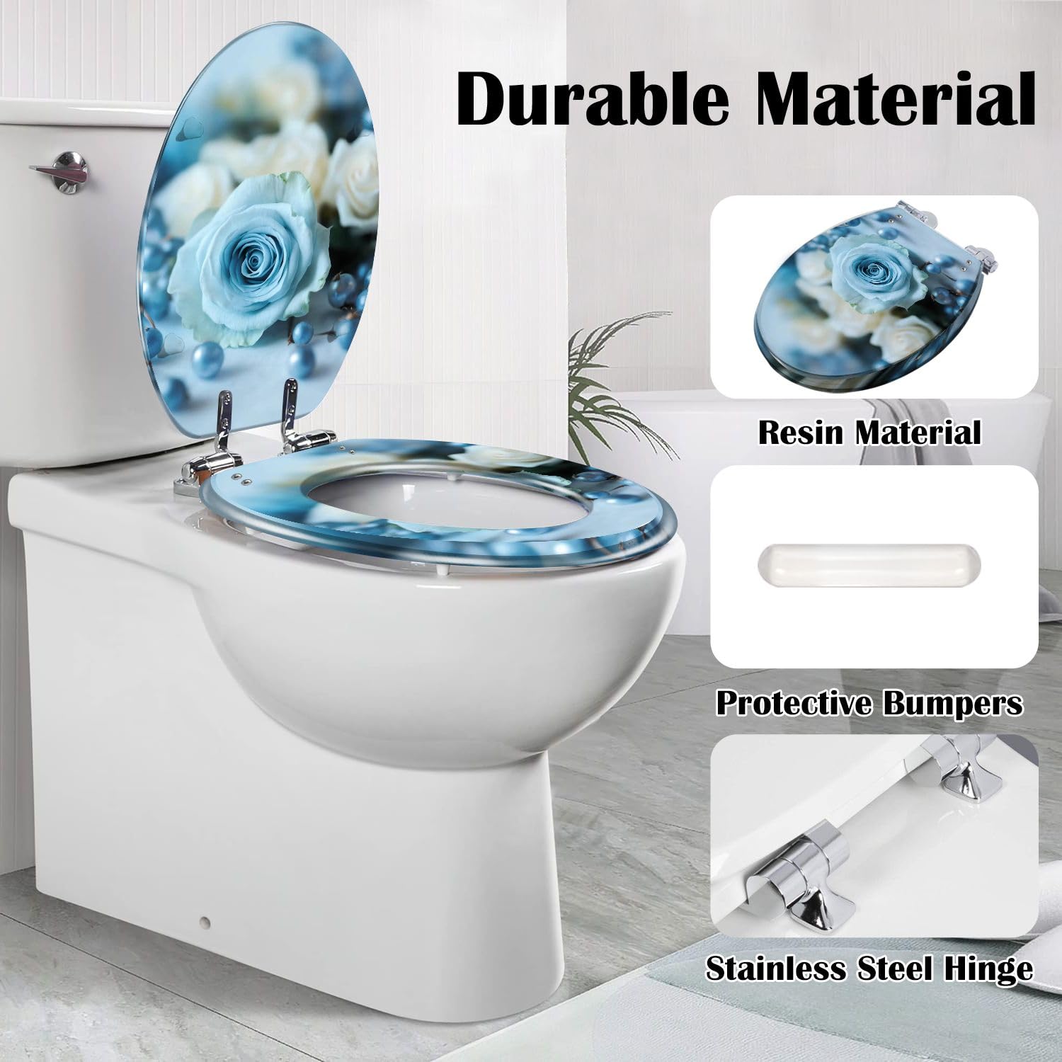 Sedile WC Allungato Blu, con Decorazioni A Rose, Conchiglie E Resina Perlata, Chiusura Lenta E Silenziosa con Cerniere A Sgancio Rapido, Facile Da Pulire E Installare con Copriwater.