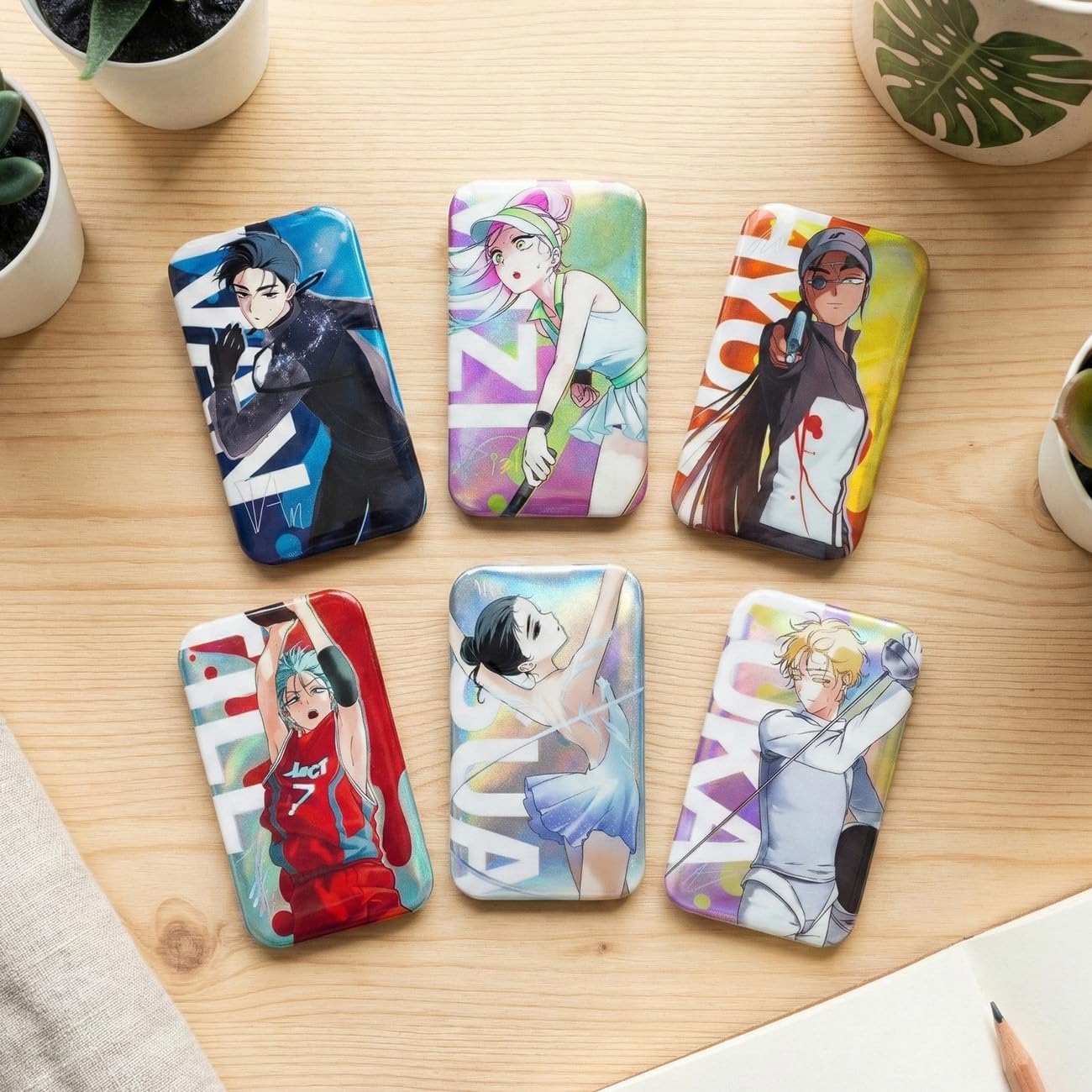 Alien Stage Passion Love Series Blind Box Holographic Buttons, Official Anime ALNST Merch Rectangular Pins for Ita Bags (Whole Set, Contains 6 Packs)