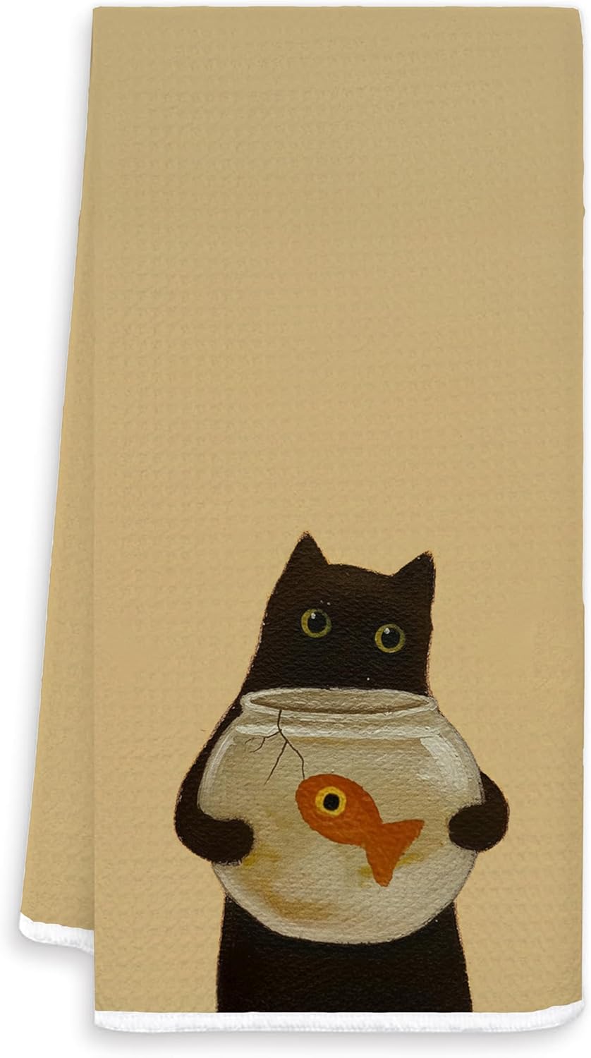 Funny Black Cat Kitchen Towels, Whimsical Black Kitty and Fish Decorative Hand Tea Towels for Bathroom, Cat Mom Lady Lovers Gifts Dish Tea Towel for Kitchen, 16x24 Inches