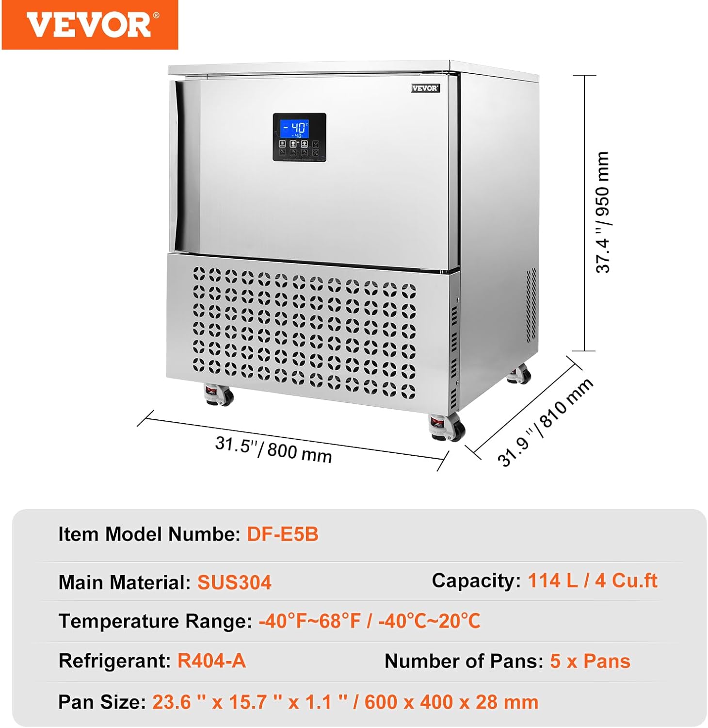 VEVOR 114 L Blast Chiller, 5 Trays Commercial Flash Freezers, <-31~68°F> 4 Modes Chest Shock Frozen, 304 Stainless Steel Flash Freezer, 360° Defrost Blast Chiller with Caster for Seafood, Ice Cream