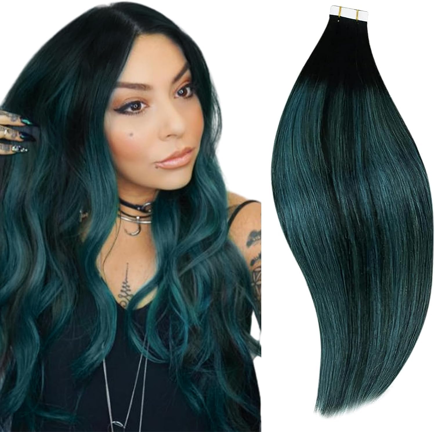 RUNATURE 18 Inch Human Hair Tape in Extensions Ombre Black to Teal Long Tape in