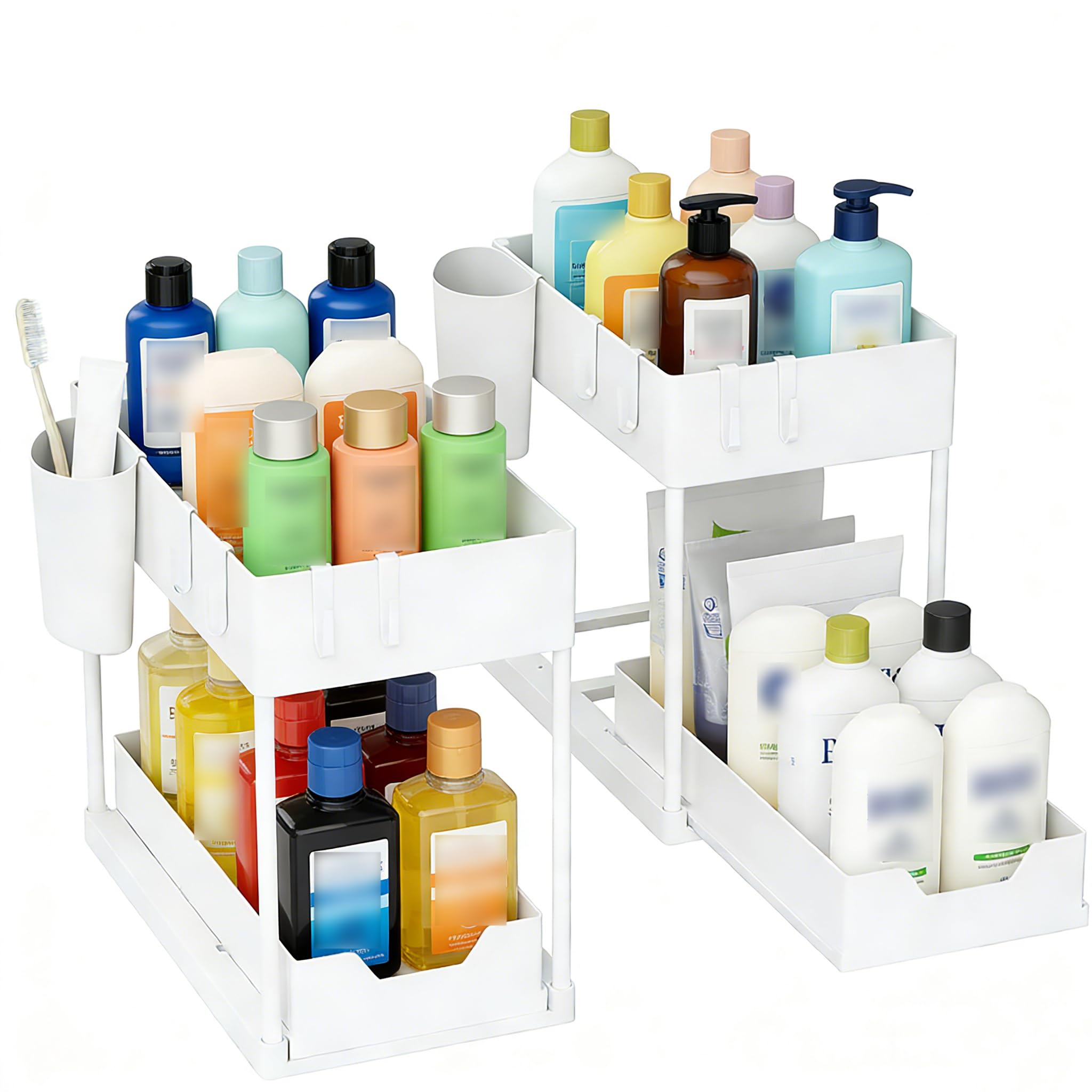 Pull-Out Drawer, 2 Pack Under Sink Storage Organiser, 2 Tier Sliding Rack with 8 Hooks & 2 Cups, Holds 40lbs, No Tools Assembly - for Kitchen & Bathroom Cabinet Organisation (White)