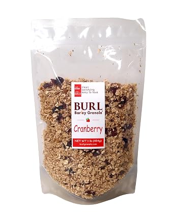 Burl Barley Granola, Cranberry Granola, 1lb, Whole Grain Granola with Dried Cranberries, Rolled Barley Grain, Chewy, No Artificial Flavors or Colors