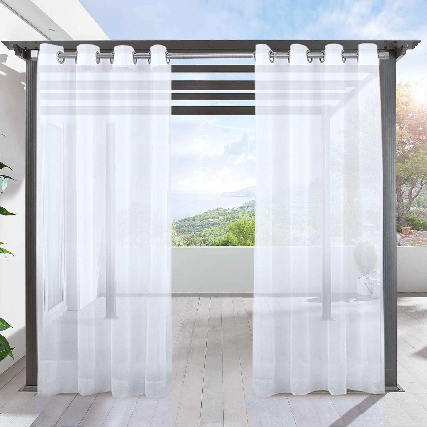 LIFONDER  Outdoor  Sheer  Curtains  96 - Ring Top White Waterproof  Outdoor   Curtains /Drapes/Blinds for Patio Privacy, Porch, Gazebo, Deck and Pergola, 54" W X 96" L, 1 Piece