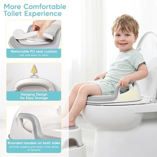 Maliton Riduttore WC Bambini, Design anatomico, Imbottitura morbida rimovibile, Sedile per Vasino con Sgabello (Un Vasino+Due Sgabelli per Bambini), Grigio - 3