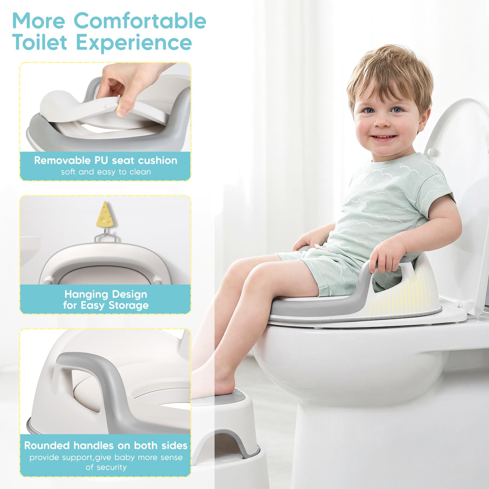 Maliton Riduttore WC Bambini, Design anatomico, Imbottitura morbida rimovibile, Sedile per Vasino con Sgabello (Un Vasino+Due Sgabelli per Bambini), Grigio