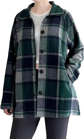 Minibee Womens Flannel Plaid Shacket Long Sleeve Jacket Button Down Shirts Coats with Pockets