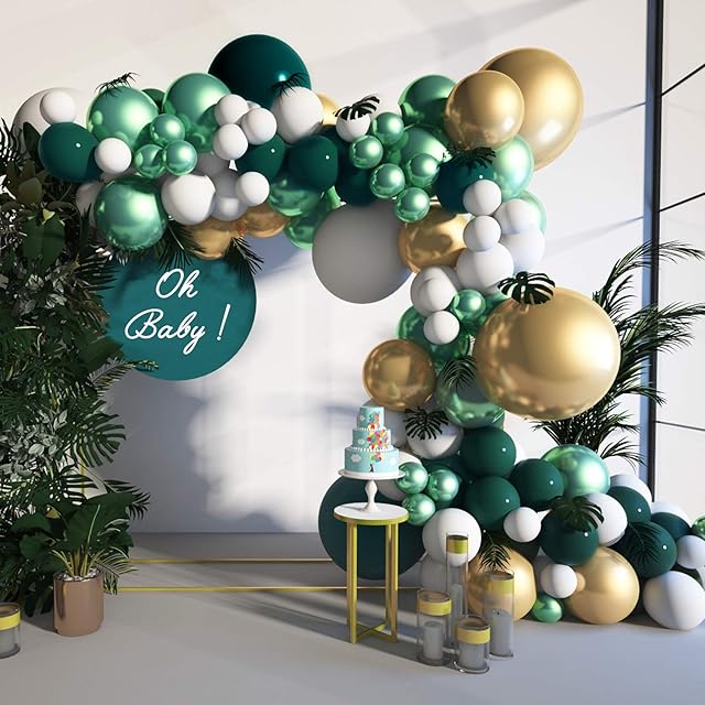 Soonlyn Jungle Sarfari Balloon Garland Arch Kit 125 Pcs 18 In 12 In, Emerald Green Gold Matellic White Balloons with Large Leaves for Party Decorations Baby Shower Kids Birthday