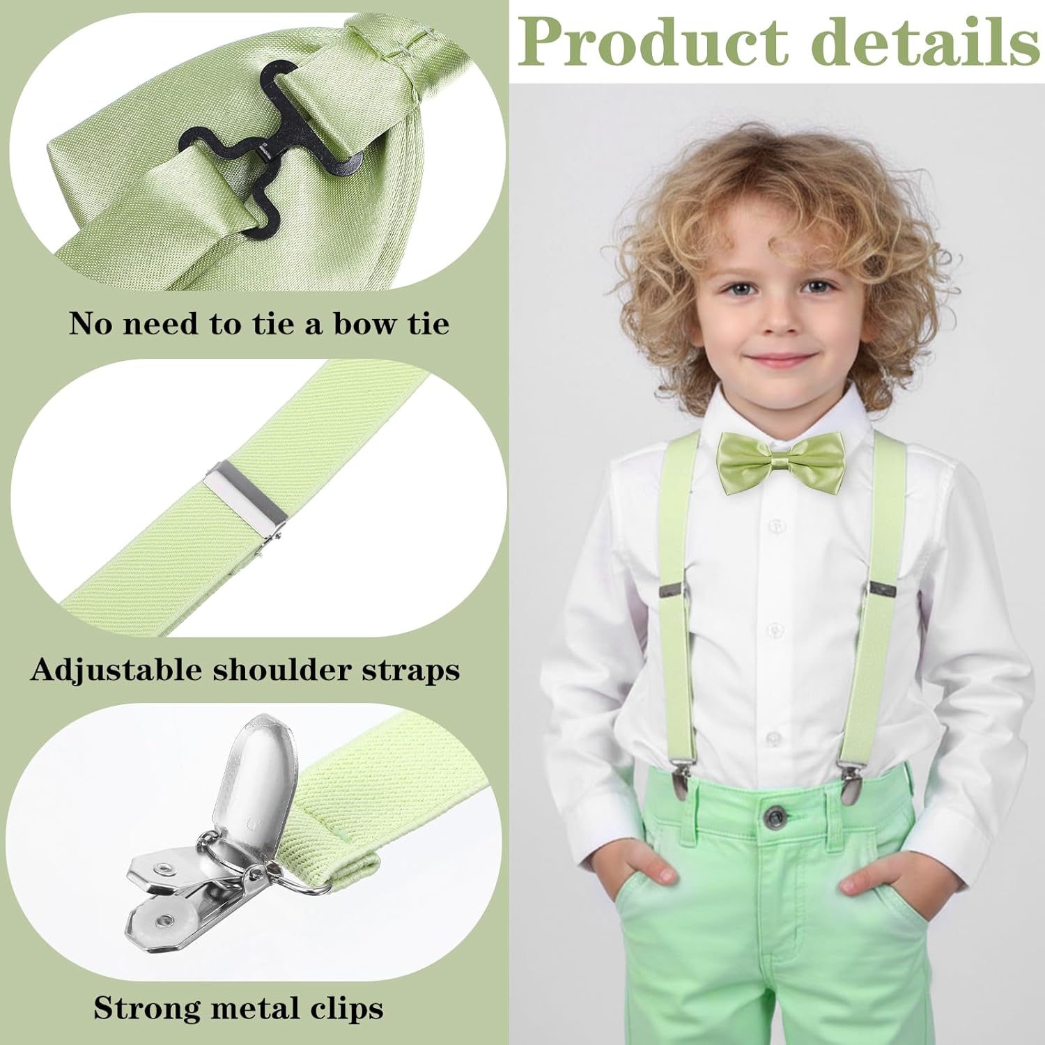 JIEYAO Adjustable Baby Boy Suspenders and Bow Tie Set, Pre-tied Kids Bowtie with Elastic Suspenders and Strong Metal Clips - Image 3