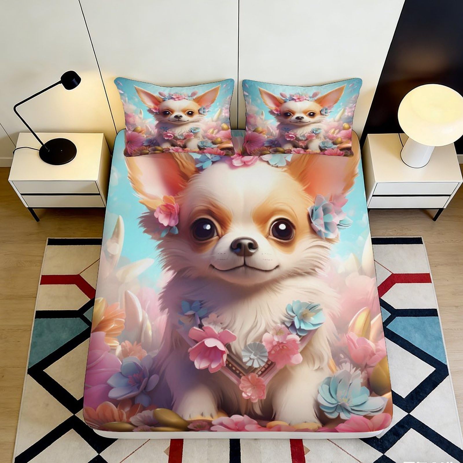 3D Printed Cute Chihuahua Fitted Sheet Microfiber Soft Floral Dog Bed Cover for Bedroom Dorm Mattress Decor 90x200x25cm