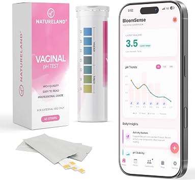 NATURELAND Vaginal pH Test Strips, BV and Yeast Infection Test, 40 Count | At-home BV and yeast infection test kit, accurate 3.5-6.5 pH range, foil-sealed strips, works with the BloomSense app