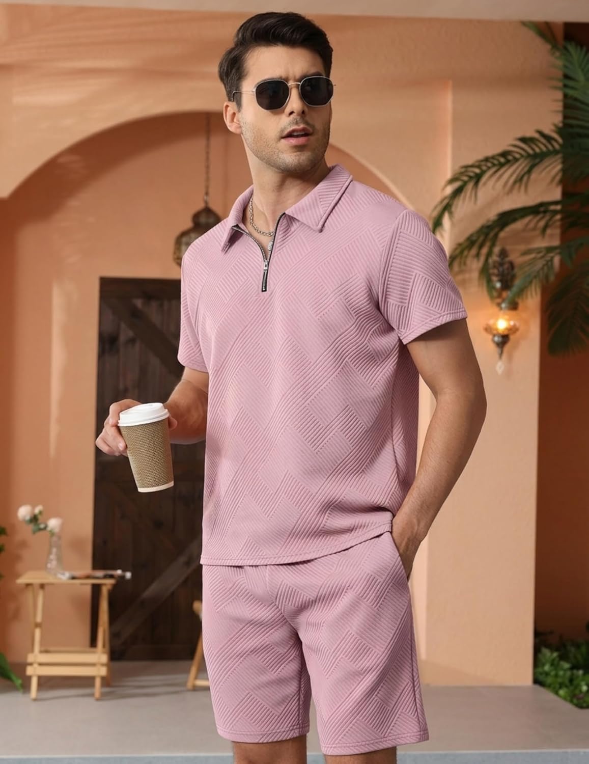 PICKLION Mens 2 Piece Zip Tracksuit Polo Shirt and Shorts Sets Short Sleeve Summer Casual Outfit for Men