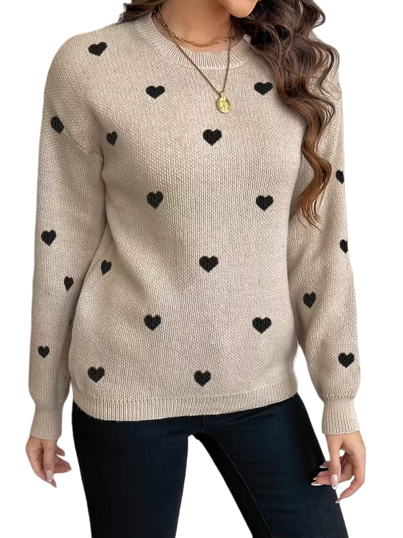 Womens Heart Pattern Knit Sweater Beige Crewneck Pullover with Black Hearts Long Sleeve Winter Casual Top