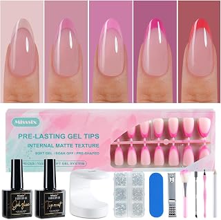 Misssix French Tip Press On Nails, 150Pcs French Gel Nail Tips, Pink Medium Almond Soft Gel Fake Nails, X-BASIC Tips Starter Kit for Nail Art DIY 15 Sizes