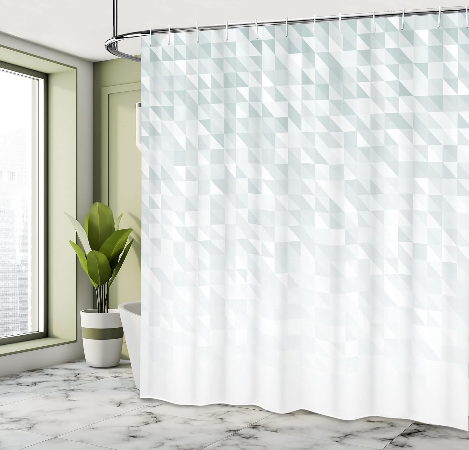 Ambesonne Geometric Shower Curtain, Faded Cubes Triangles Abstract Mosaic with Digital Effects Gradient Colors, Cloth Fabric Bathroom Decor Set with Hooks, 69" W x 70" L, Sage White