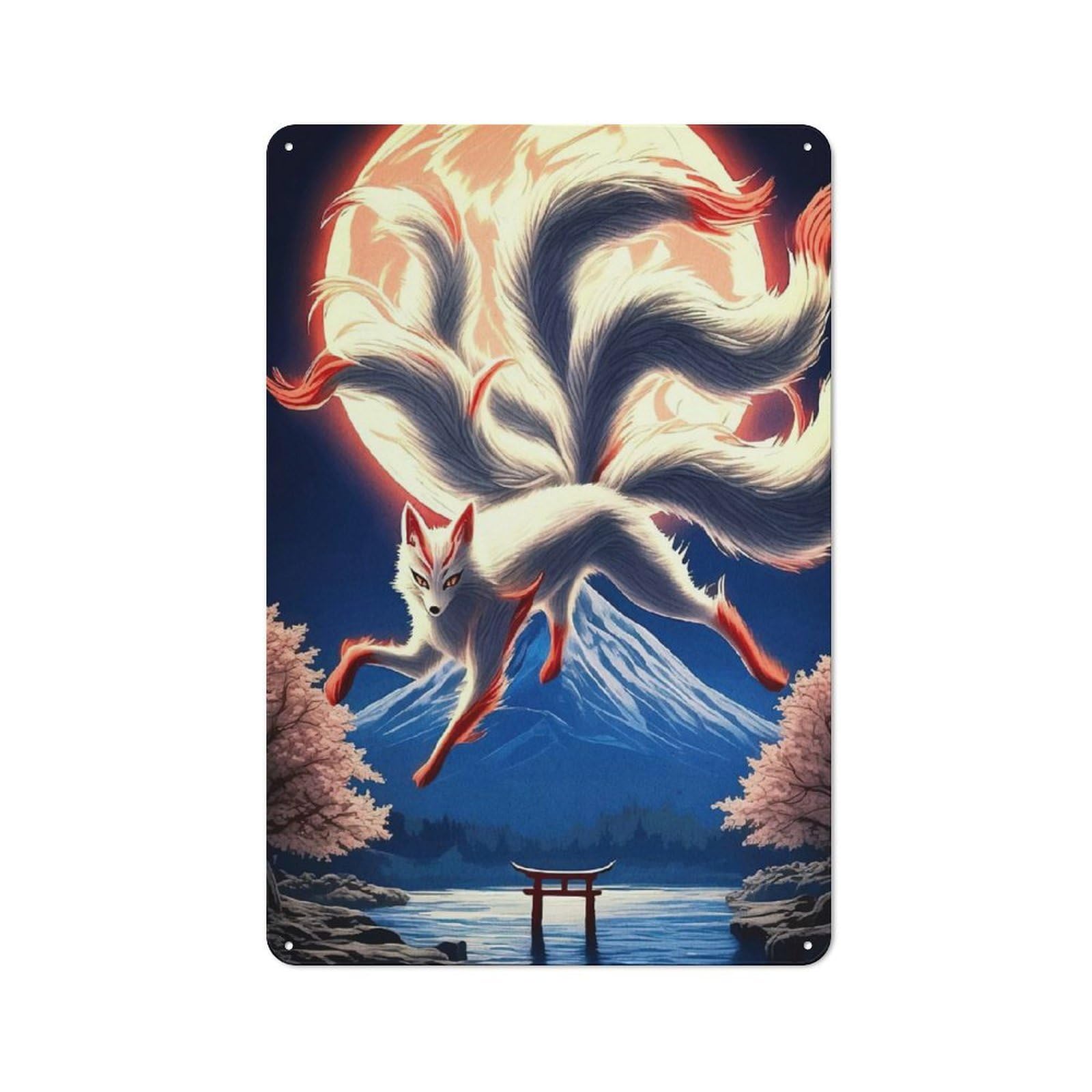 Junmoney Style-5 Metal Wall Sign 30X20cm Featuring Nine-Tailed Fox Mount Fuji For Garage Wall, For Kitchen, Dining Room And Home Bar Wall Decor