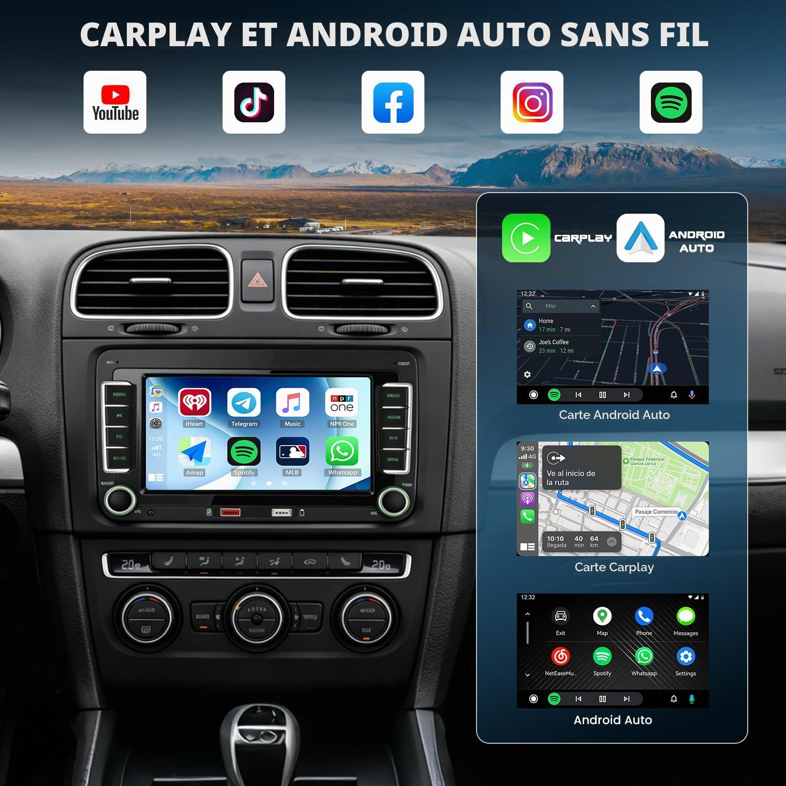 CAMECHO Autoradio avec Écran pour VW T5 Transporter 2003-2015, CarPlay Android Auto, 7" IPS Tactile, Double DIN, CANBUS, FM/AM/RDS, Bluetooth Mains Libres, Mirror Link, USB