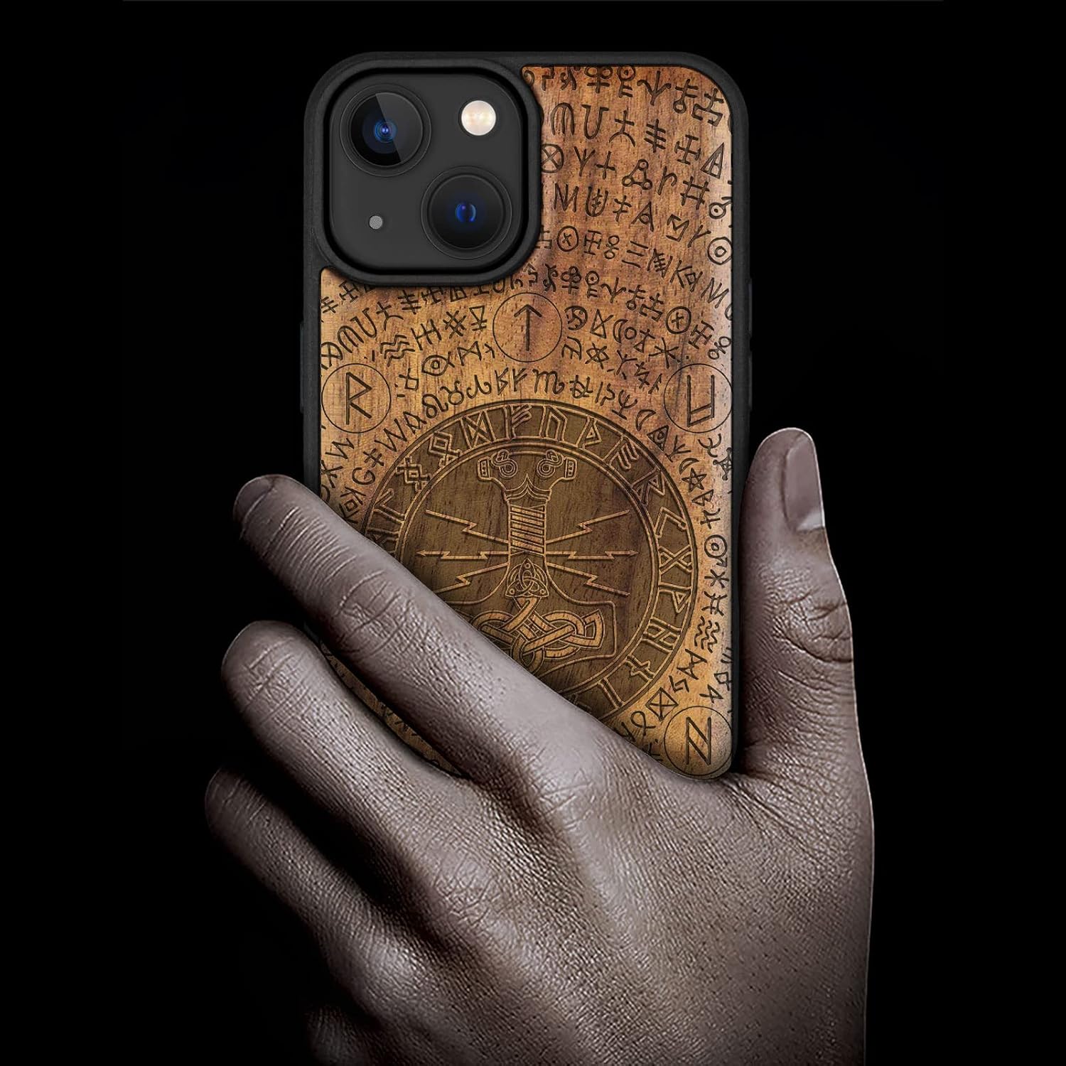 Carveit Magnetic Wood Case for iPhone 14 Case [Natural Wood & Black Soft TPU] Unique & Classy Wooden Shockproof Protective Cover Compatible with magsafe (Thors Hammer -Walnut)