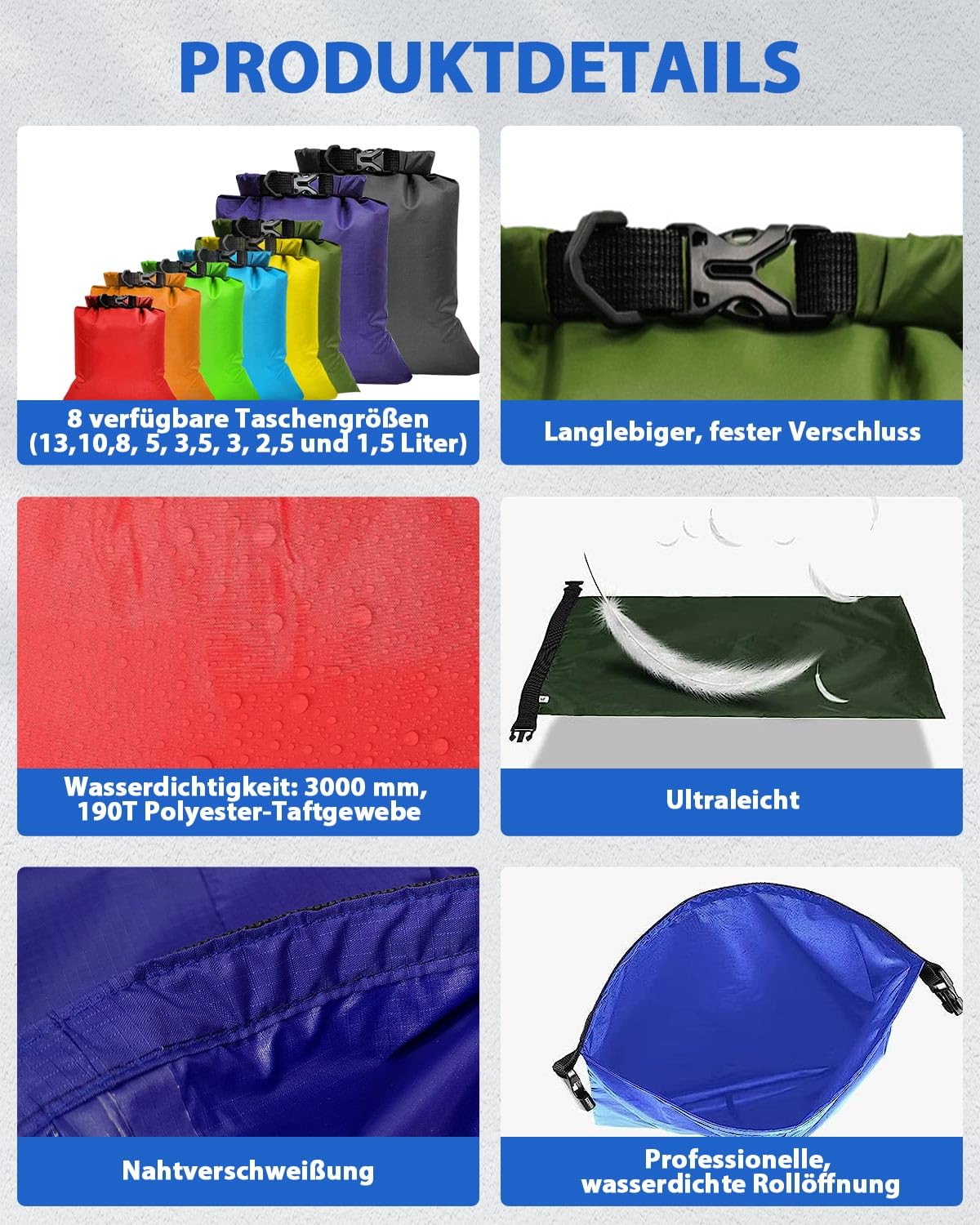 Victoper wasserdichte Aufbewahrungsbeutel 8 Stück, 1.5/2.5/3/3.5/5/8/10/12L Wasserdichter Tasche Beutel Lightweight Dry Bag, Wassersport Säcken für Zum Kajakfahren, Wandern, Camping (Mehrfarbig)